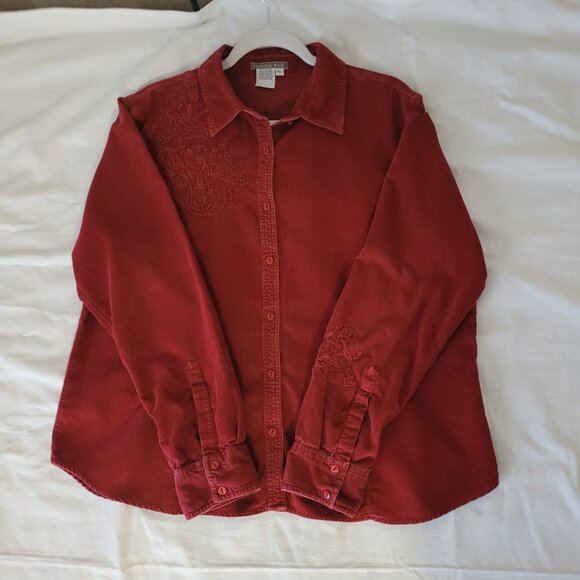 Red Embroidered Corduroy Button Shirt Isabella Bird Womens Size XL - Picture 9 of 15